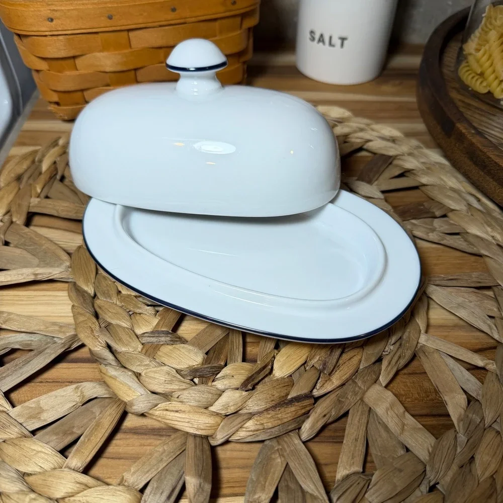 Dansk Bistro Christianshavn White Butter Dish Blue Rim Covered Porcelain Butter